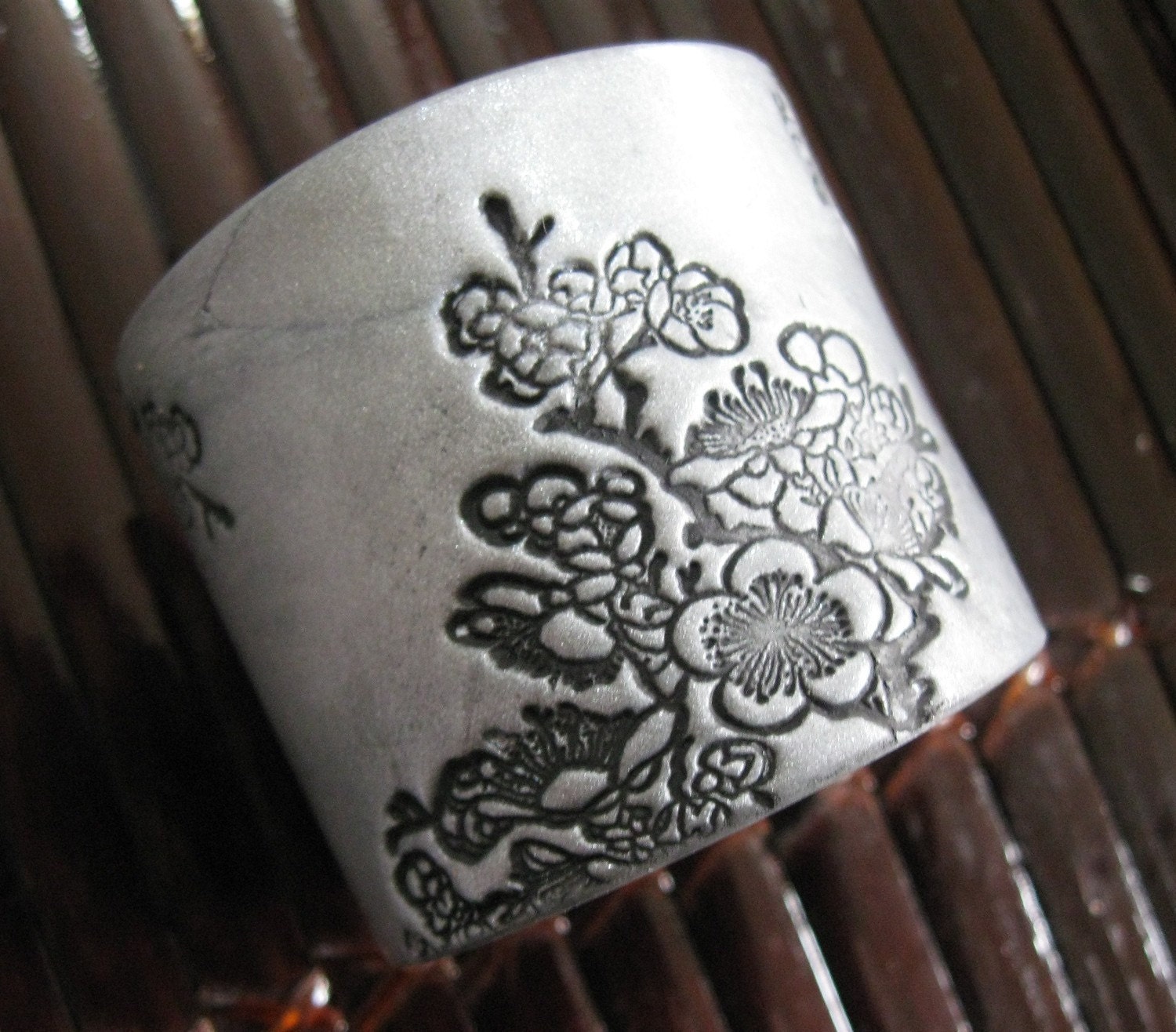 Handmade Asian Floral Silver Cuff Bracelet, Handpainted Cuffs by theshagbag on Etsy
