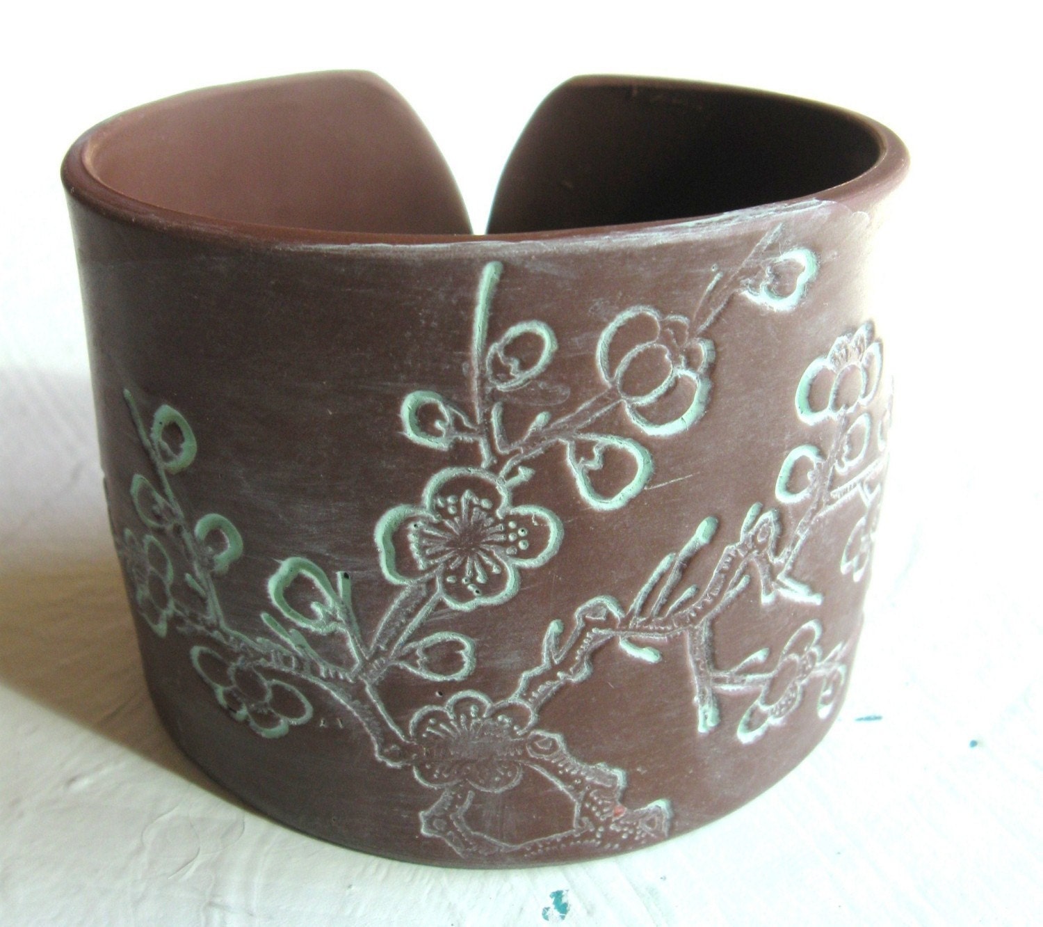 Beautiful brown cuff bracelet Asian cherry blossom, handmade jewelry by theshagbag on Etsy