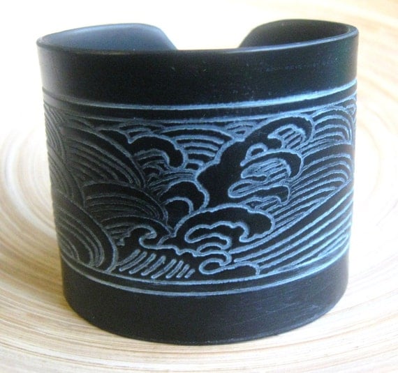 Black Cuff Bracelet Japanese Wave Design, Twine Tie, Metal Free, For Men Unisex  by theshagbag on Etsy