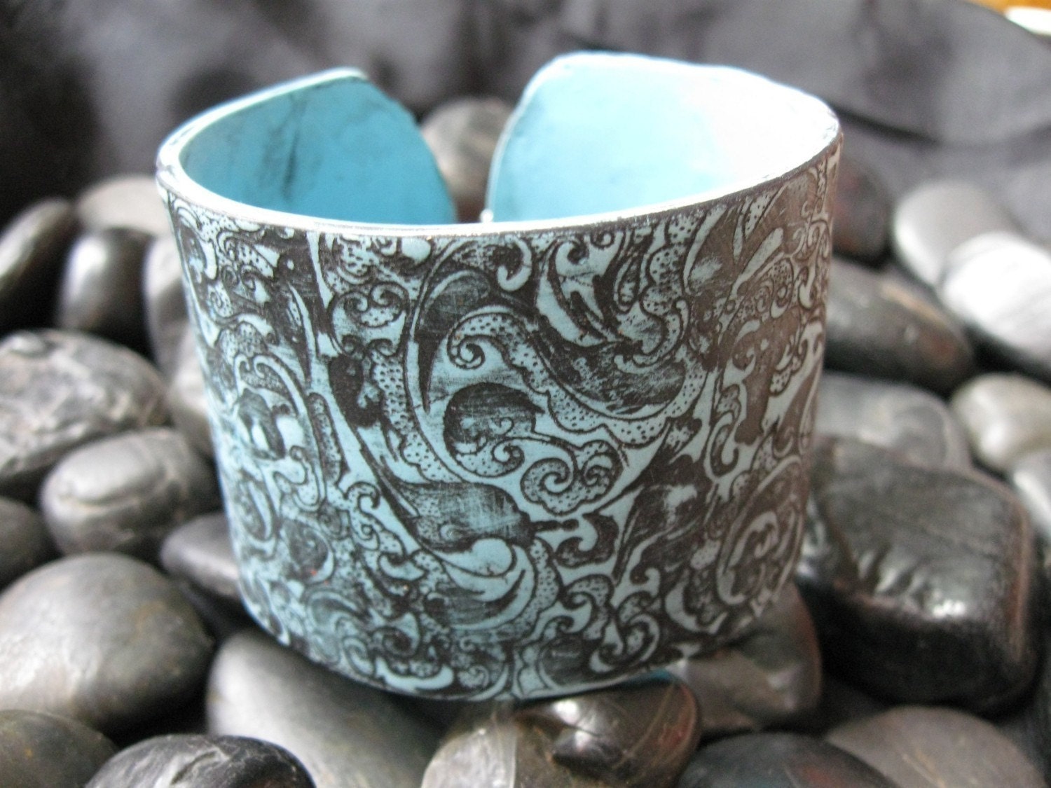 Turquoise Blue Cuff Bracelet Asian Ornate Black Design, Handmade jewelry by theshagbag on Etsy