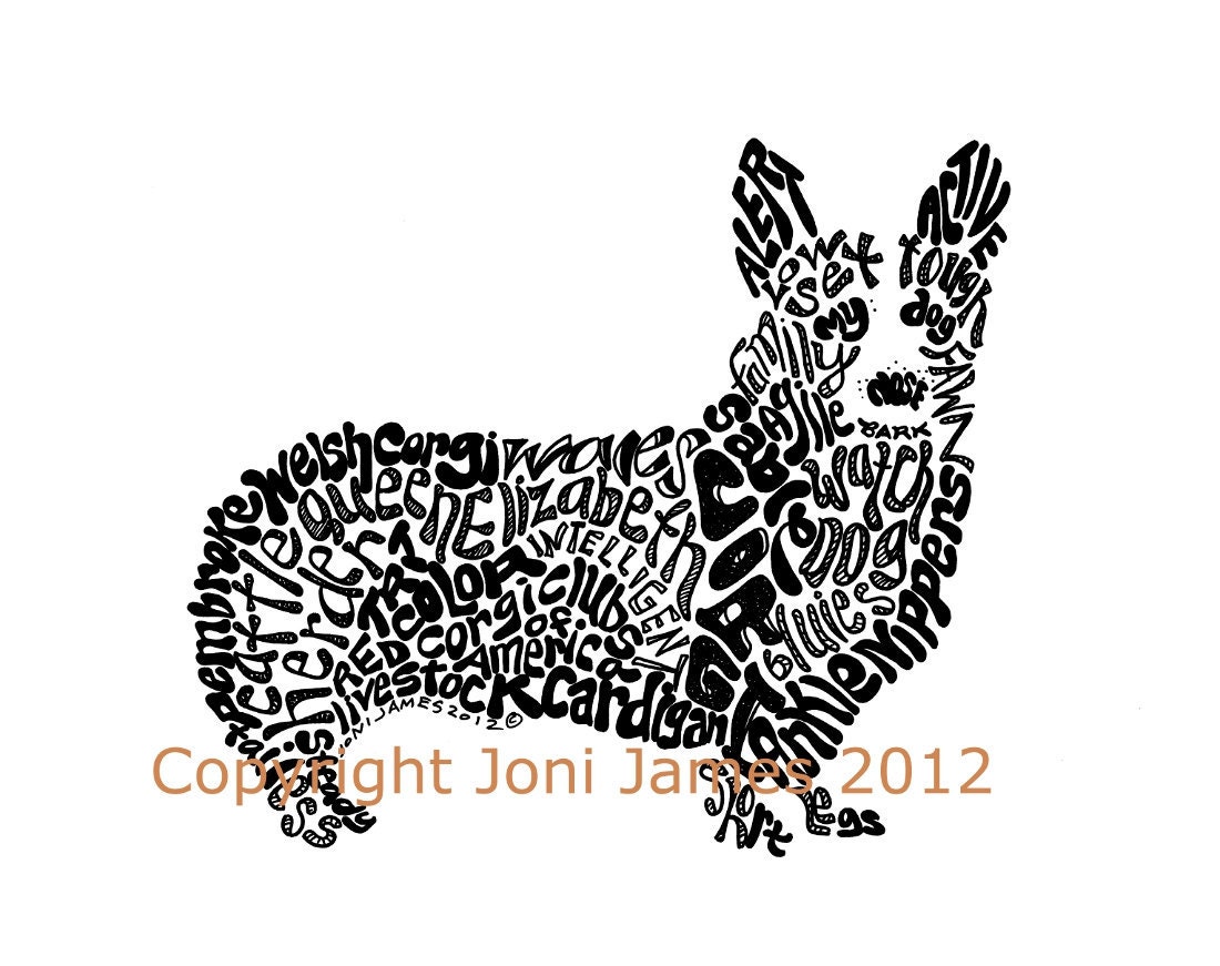 Cute Dog Art or Corgi Art Print Typography Calligram or Word Art Calligraphy Dog Illustration, Corgi Drawing Animal Calligram