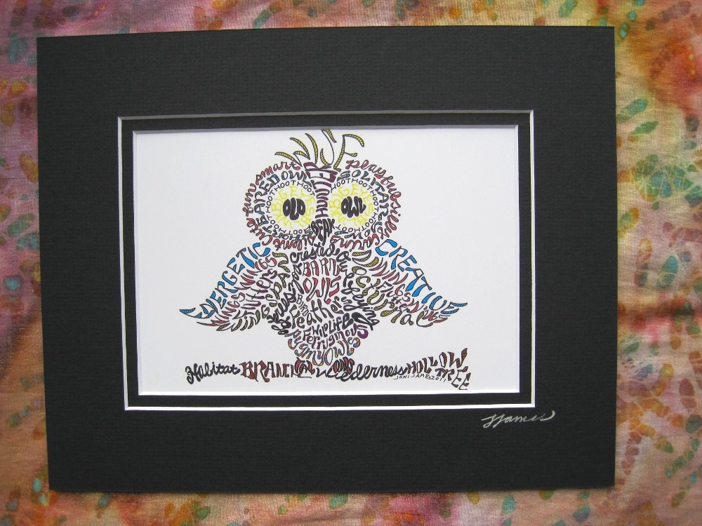 Hand Drawn Word Art Owl Illustration, Colorful Owl Art Typography Art Print, Owl Calligram, Nature Art Gift Under 20