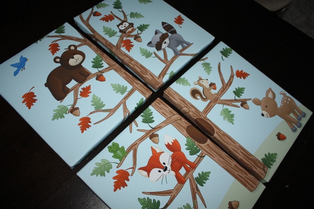 Set of 4 Woodland Friends Forest Animals on 8x10 Stretched Canvases Kids Bedroom Baby Nursery CANVAS Wall Art