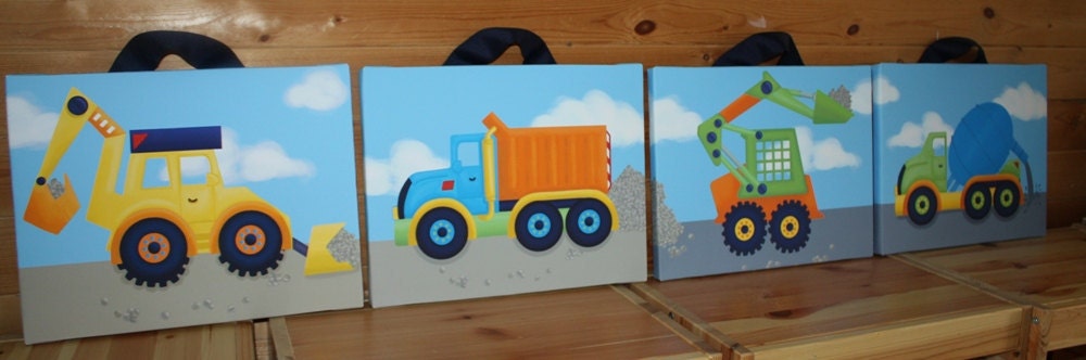 Set of 4 Boys Bright Construction Truck 16x20 Stretched Canvases Baby Nursery CANVAS Bedroom Wall Art