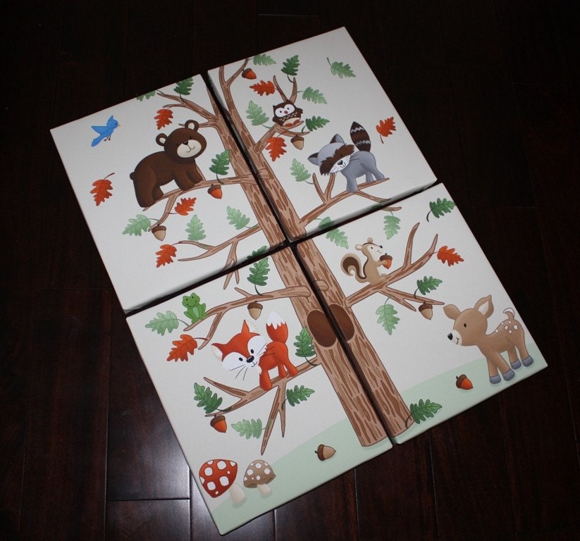 Set of 4 Woodland Friends Forest Animals on 8x10 Stretched Canvases Kids Bedroom Baby Nursery CANVAS Wall Art