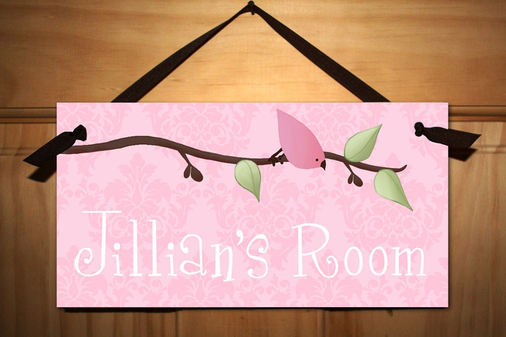 Elegant Pink Birdie Damask DOOR SIGN Girls Bedroom Baby Nursery Decor Wall Art
