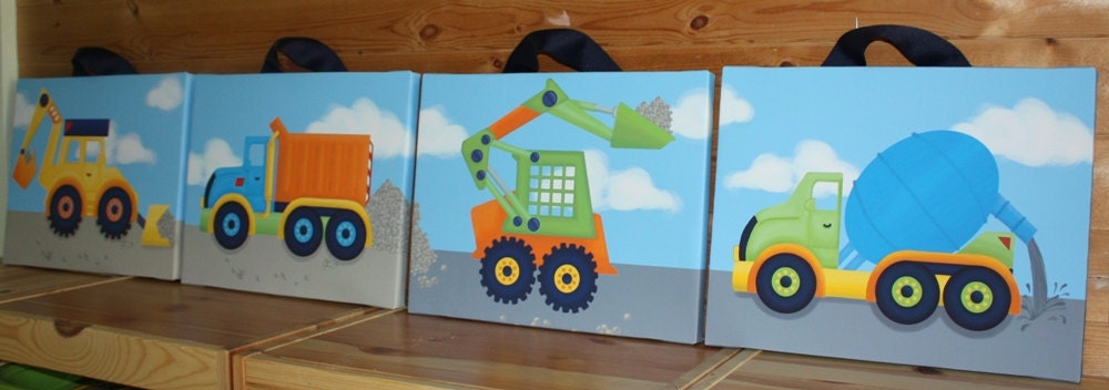 Set of 4 Boys Bright Construction Truck 16x20 Stretched Canvases Baby Nursery CANVAS Bedroom Wall Art
