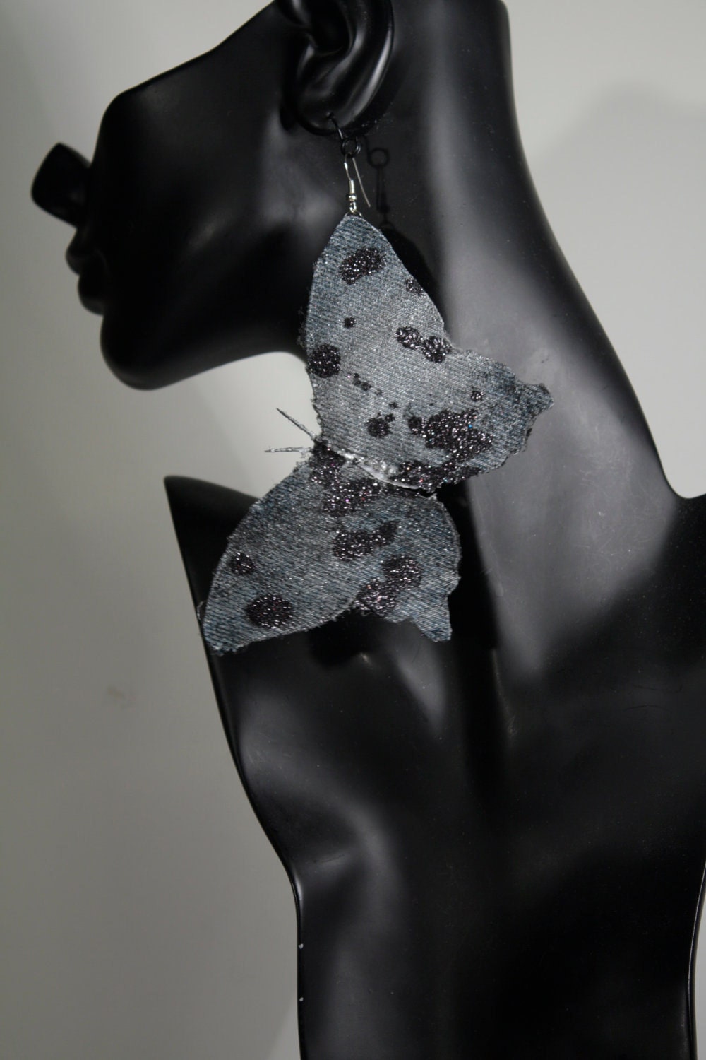 Up cycle splatter painted jean butterfly earrings