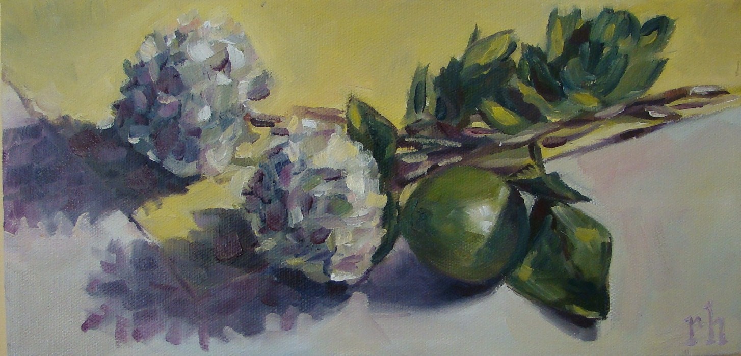 Hydrangeas with Lime Chaser - 6x12inch daily still life original oil painting by Rob Hazzard