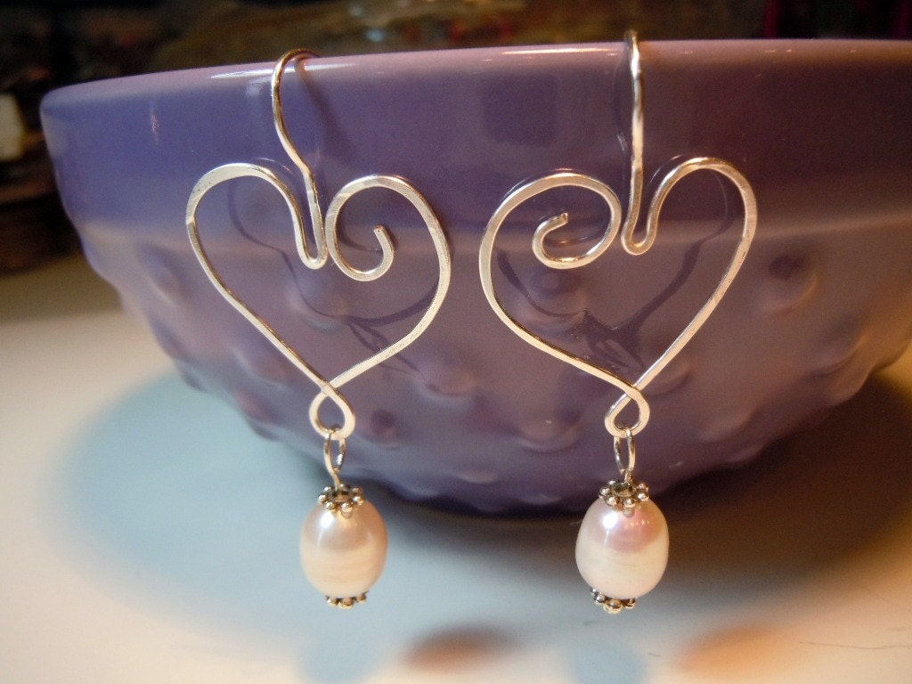 Wire Wrapped Hearts  With Freshwater Pearls Earrings by Debbie Renee