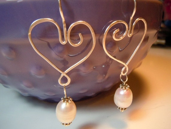Wire Wrapped Hearts  With Freshwater Pearls Earrings by Debbie Renee