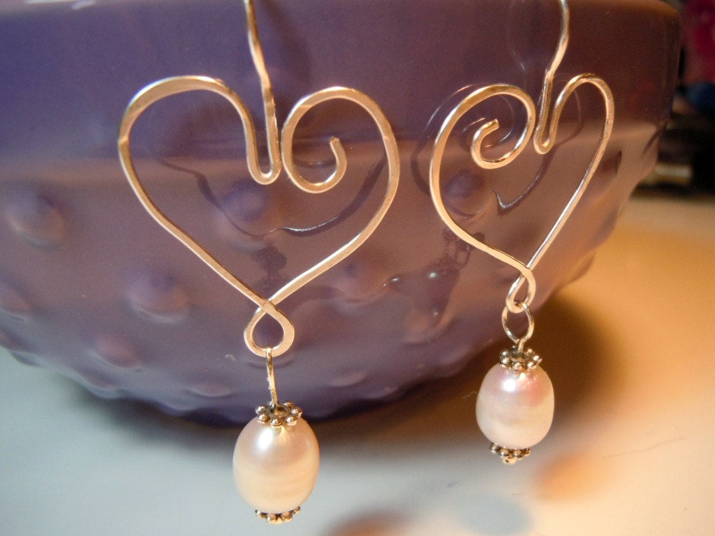 Wire Wrapped Hearts  With Freshwater Pearls Earrings by Debbie Renee