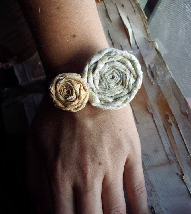Vintage Inspired Pale Green & Yellow Cloth Rose Bracelet Antiqued Bronze - PurpleFinchStore