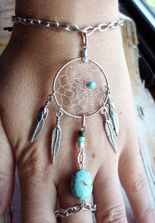 Bohemian Dreamcatcher Slave Bracelet Boho Hippie Stone Tribal Gypsy Silver Turquoise Twilight Dream Catcher Native American Inspired