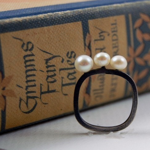 Oxidized Silver Ring with 3 white pearls by Markhed