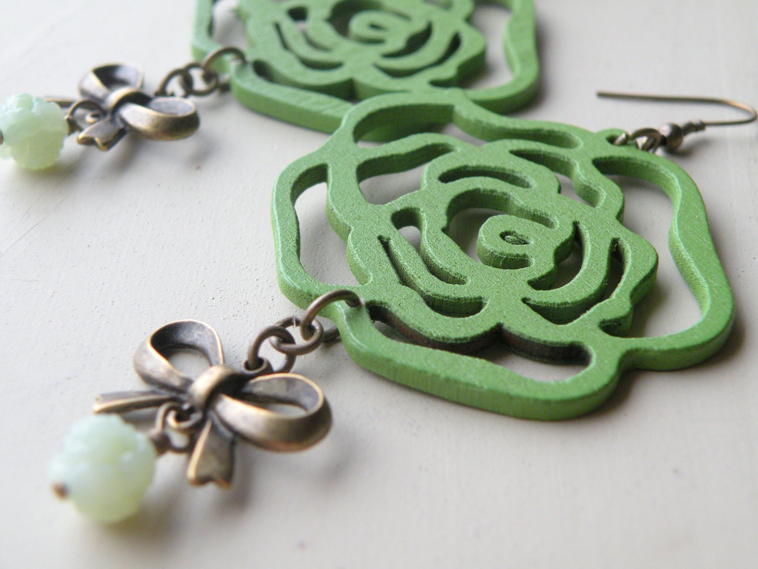 Sale 40% Off - Rose Earrings, Wood Roses, Bow Earrings, Green, Bold Earrings, Vintage Brass