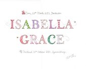 Personalised baby name art, 16" x 12" ready to frame, watercolour painting, baby, nursery, wall art
