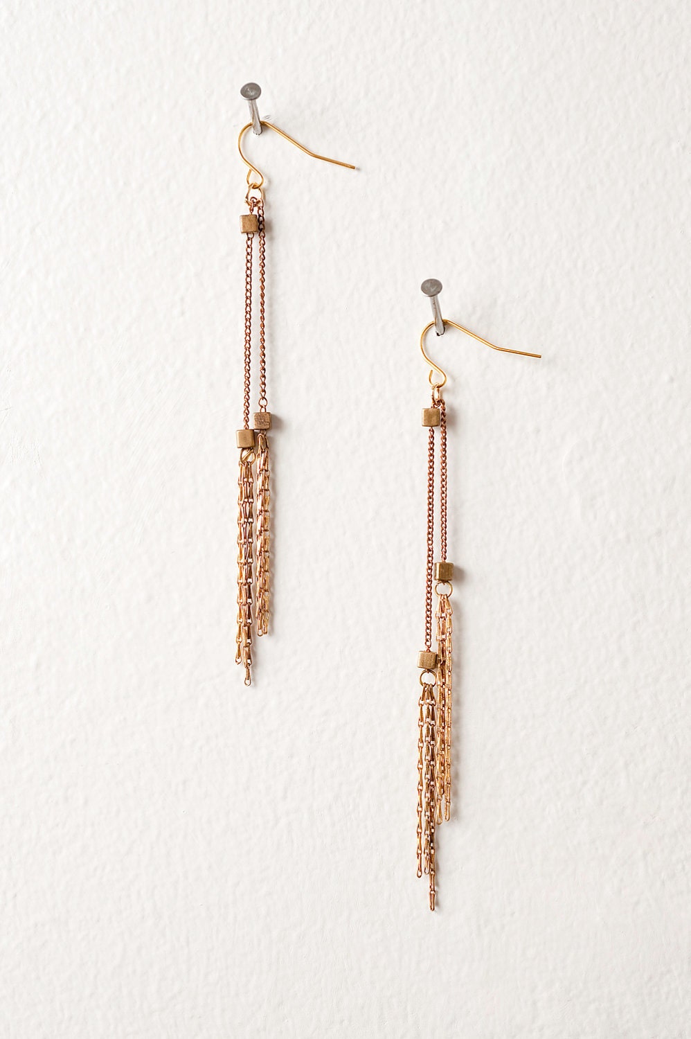 Brass Cube and Raw Brass Tassel Earrings