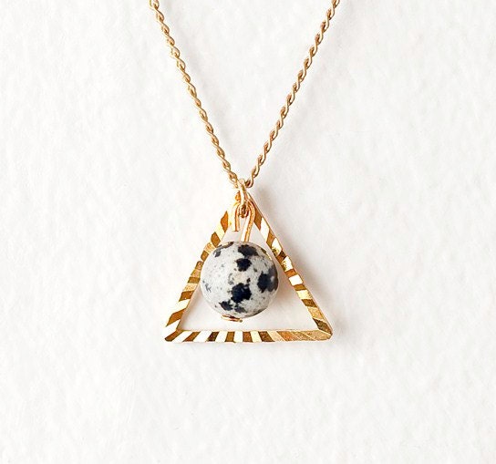 Dalmatian Jasper and Gold Triangle Pendant Necklace on a 14K Gold Filled Chain - Back in Stock