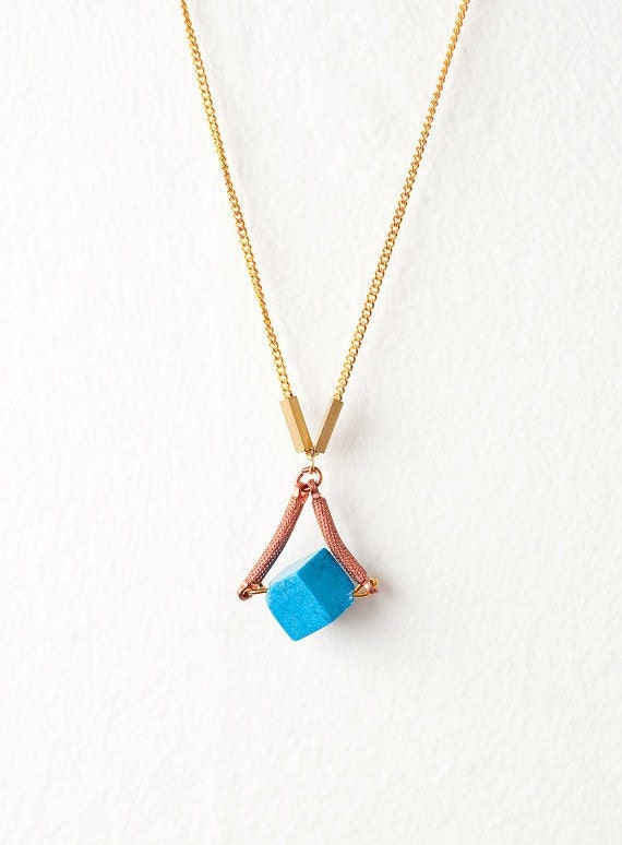Turquoise Cube Bead with Textured Copper Curved Bars Necklace on a 14kt Gold Filled Cable Chain