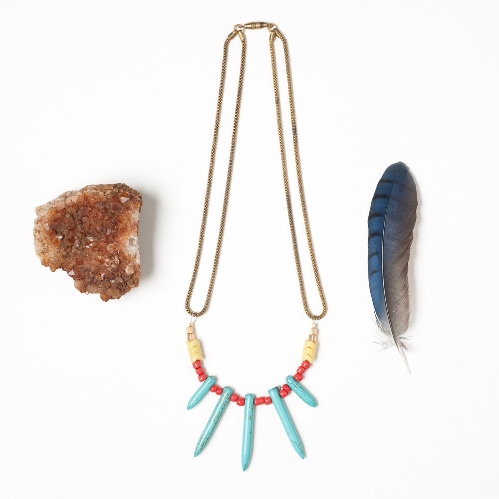 Turquoise Spike Necklace with Seed and Aftican Snake Beads on a Vintage Brass Snake Chain