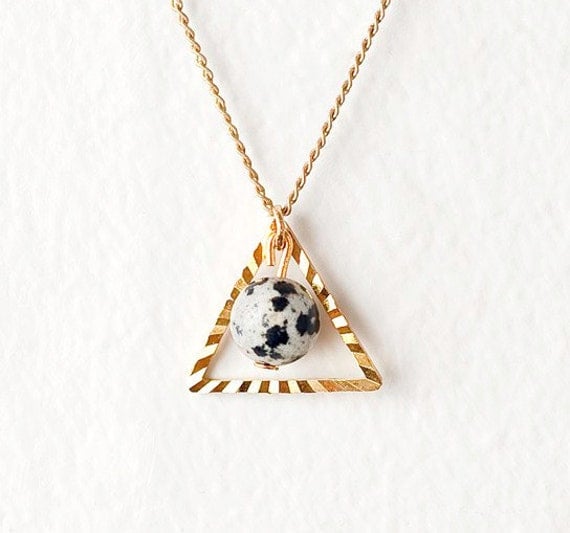 Dalmatian Jasper and Gold Triangle Pendant Necklace on a 14K Gold Filled Chain - Back in Stock