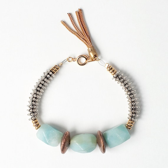 Amazonite Bracelet with Etched Raw Brass Lentil Bead, Silver Spacers, and Heishi Disc Beads Finished with a Gold Vintage Tassel