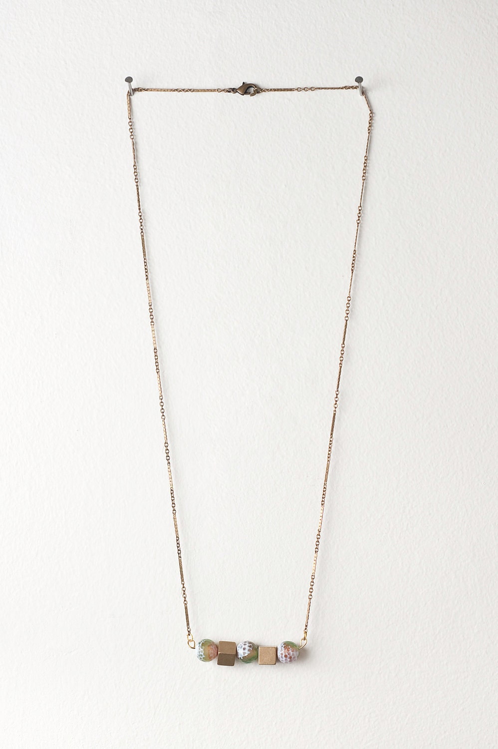 Brass Cube and Multi Color Textured Stone Necklace on Raw Brass Pressed Cable Chain