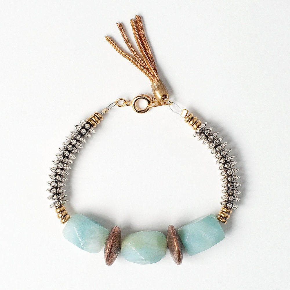 Amazonite Bracelet with Etched Raw Brass Lentil Bead, Silver Spacers, and Heishi Disc Beads Finished with a Gold Vintage Tassel