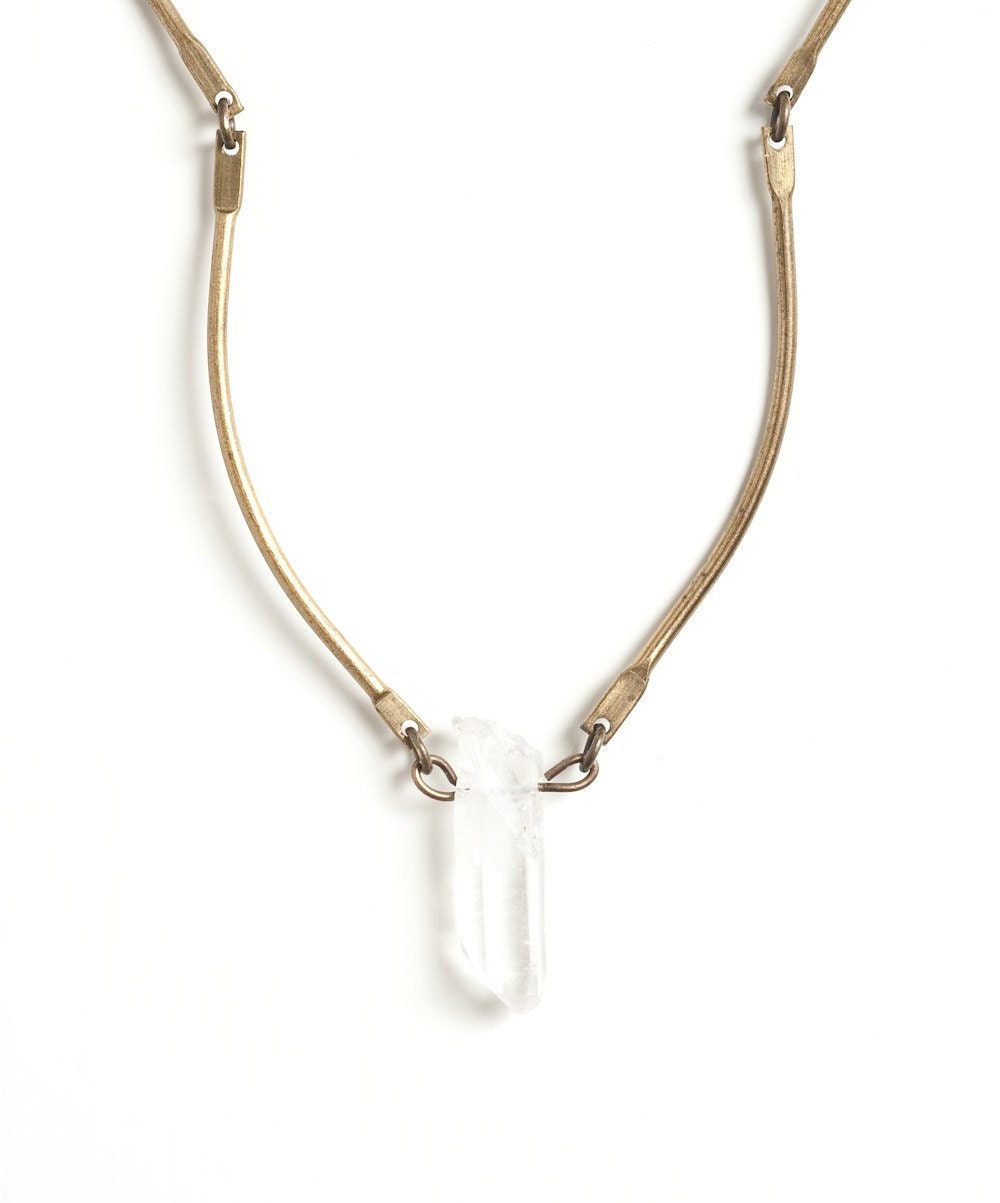 Crystal Pendant Necklace with Curved Brass Connectors on a 14kt Gold Filled Cable Chain - Clear Crystal