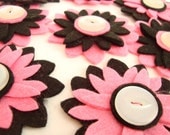 Felt Hot Pink and Black flowers with vintage buttons. x 8