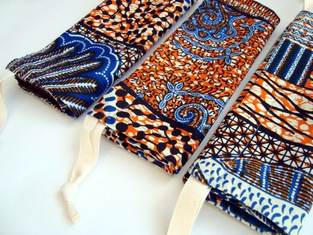 re-usable gift bag, pouch, drawstring bag, toy tidy made from African wax print 'fat quarter bag' x 3