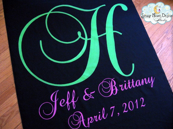 Black Fabric Aisle Runner - Hand Painted with Monogram on Real Cloth that Won't Rip or Tear