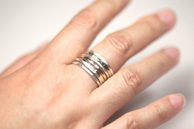 Stackable rings - hammered organic ring set of 7 mix metal rings