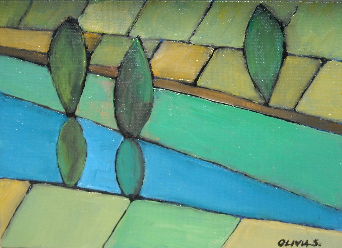 Country Lowland with Channel - original abstract  landscape oil painting
