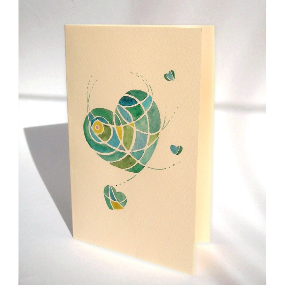 handmade greeting card love - Heart green and blue abstract  - love -Watercolor original not a print, mother's day, valentine
