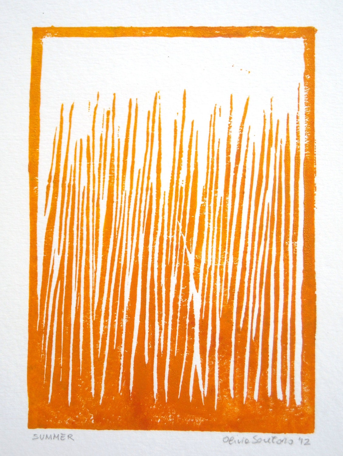 Sunny Summer Field - abstract linocut print handpulled - tangerine,  orange