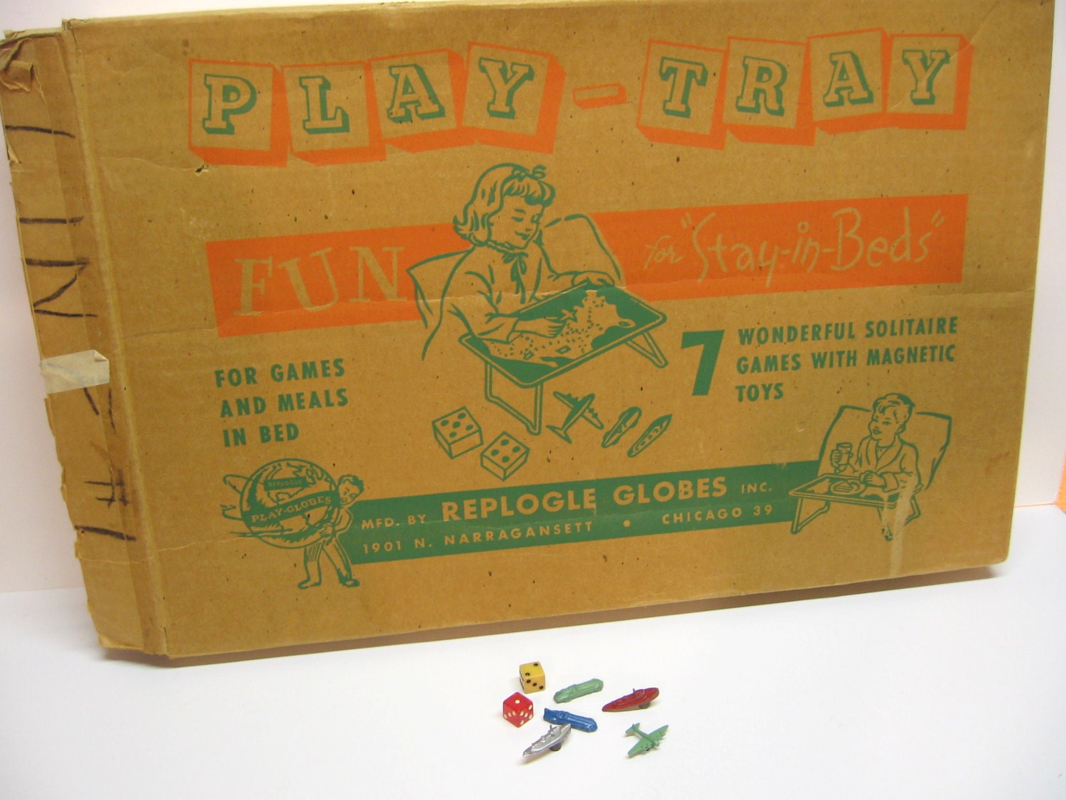 Vintage Tin Replogle MapTray - 1950's Eat & Play Tray - US Map w Magnetic Game Pieces
