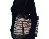Large Leather Trimmed Tapered Handbag - Teal Tiger Fabric - Dark Brown - iPhone and iPad Pockets - JUDIE