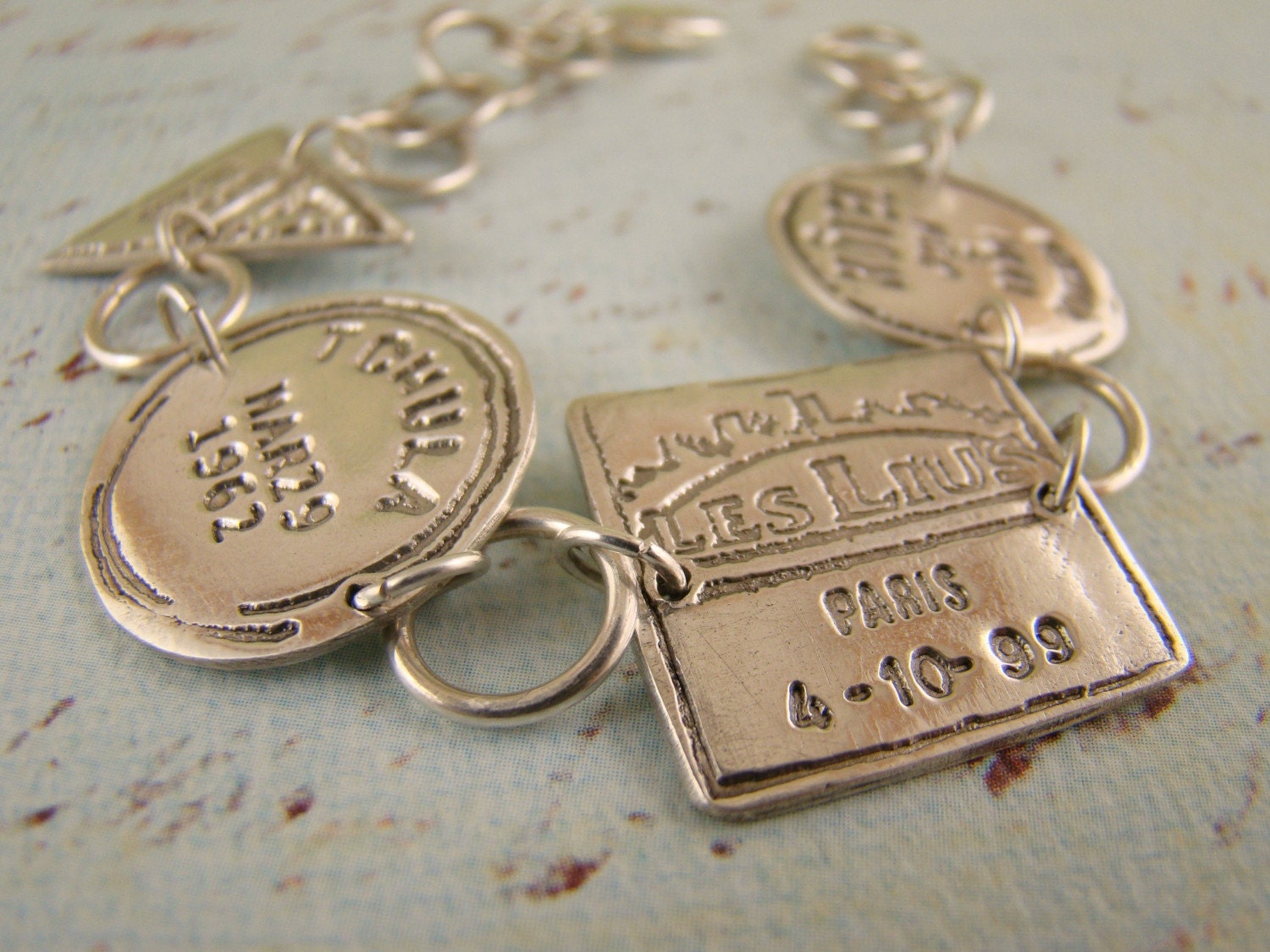 Fine Silver Parisian Postage Stamp Chain Bracelet - Free Shipping to USA