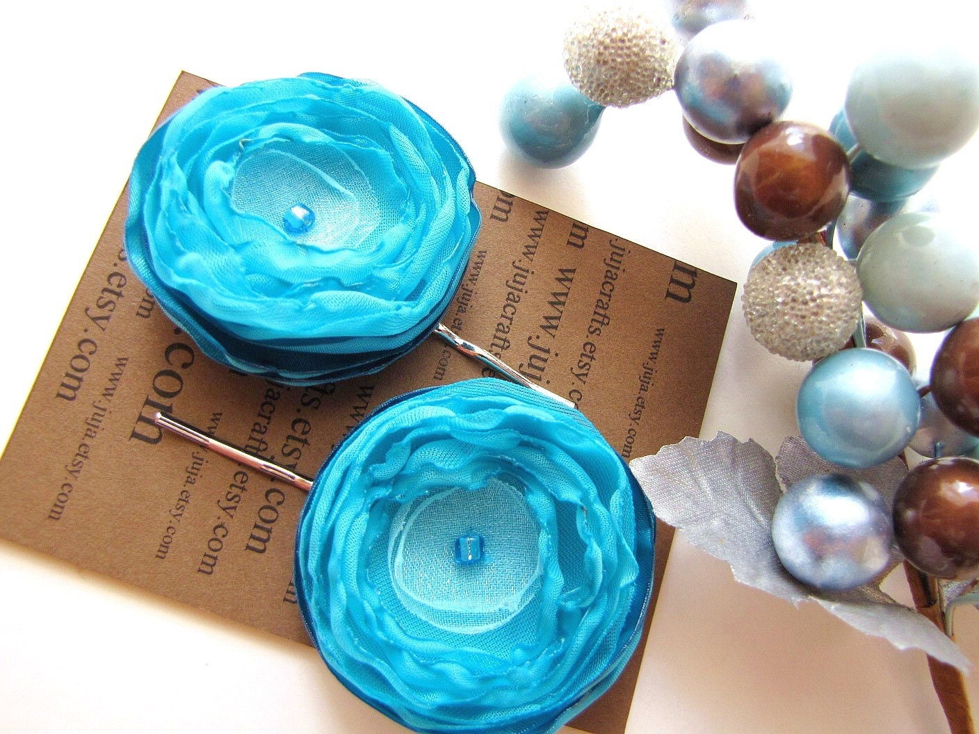 Bobby pins with handmade satin and sheer voile flowers (set of 2 pcs) - TURQUOISE FLOWERS  (h47)