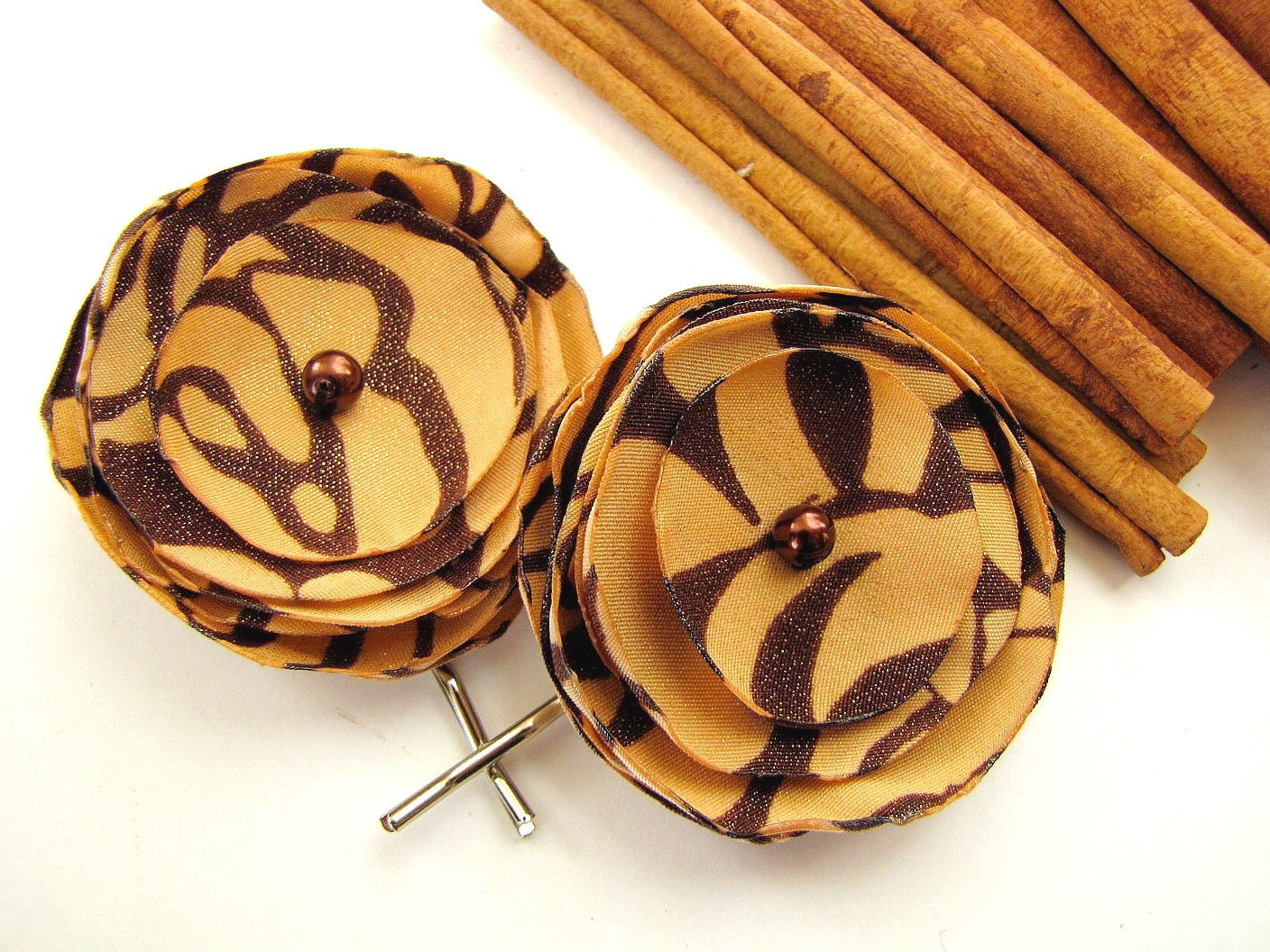 Handmade bobby pins with satin flowers (set of 2 pcs) - CARAMEL AND CINNAMON