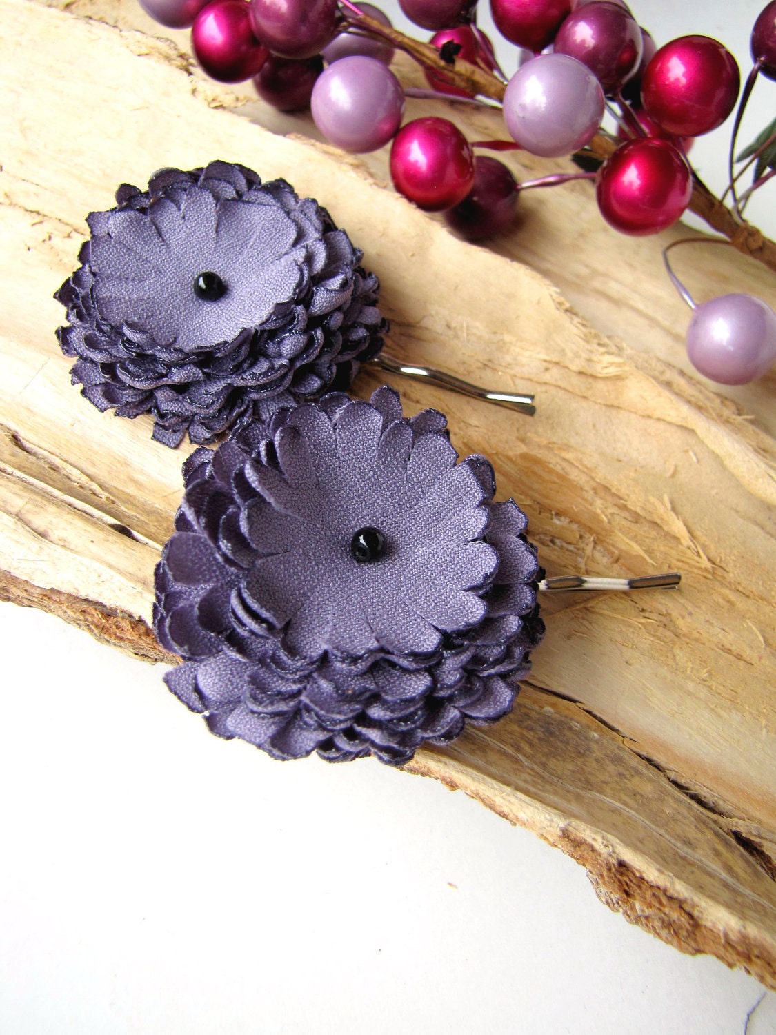 Handmade bobby pins with fabric flowers (set of 2 pcs) - SMOKY AMETHYST DAHLIA (h3)