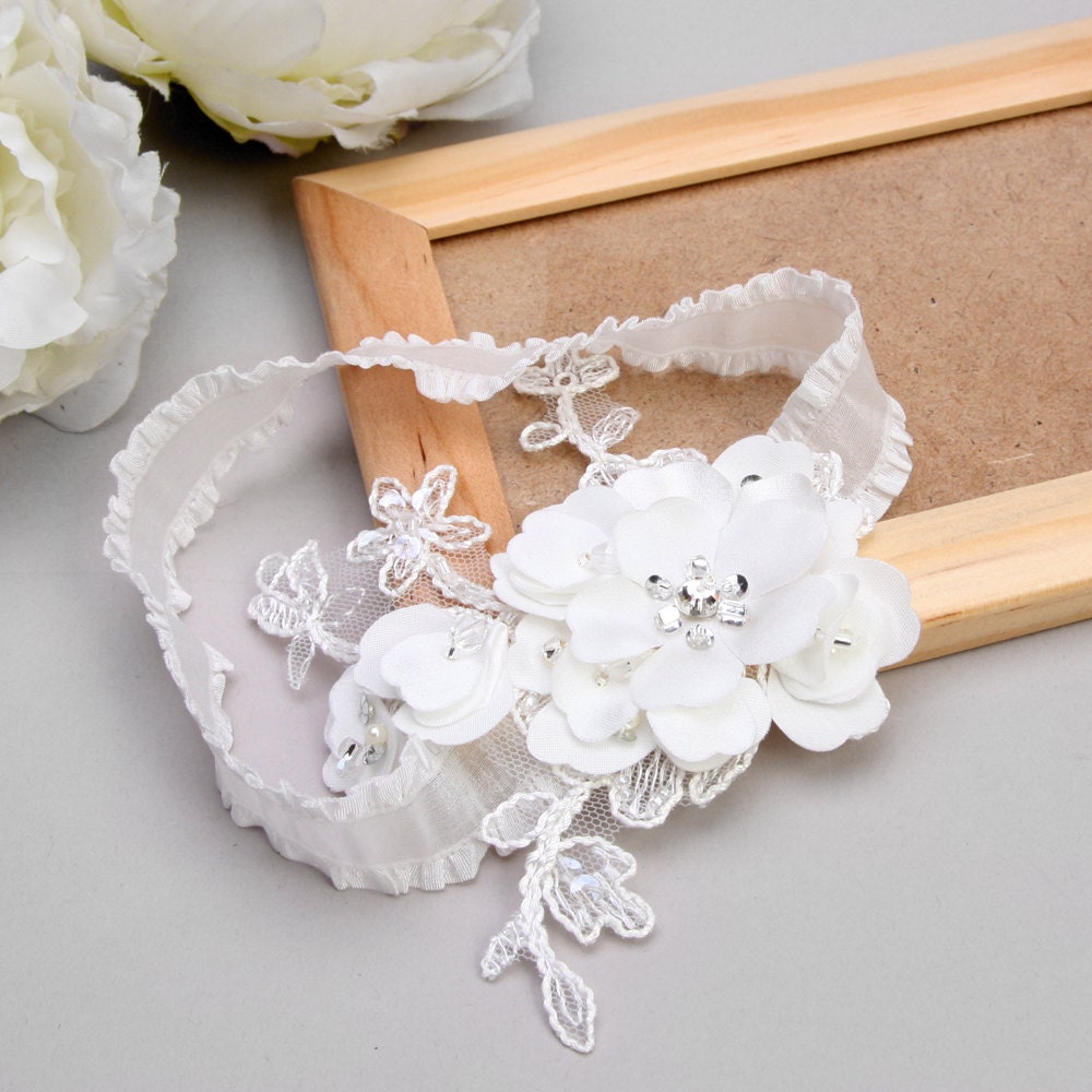 Satin blossom garter - white beaded satin petals on embroidered lace - availalble in white, ivory and pale blue