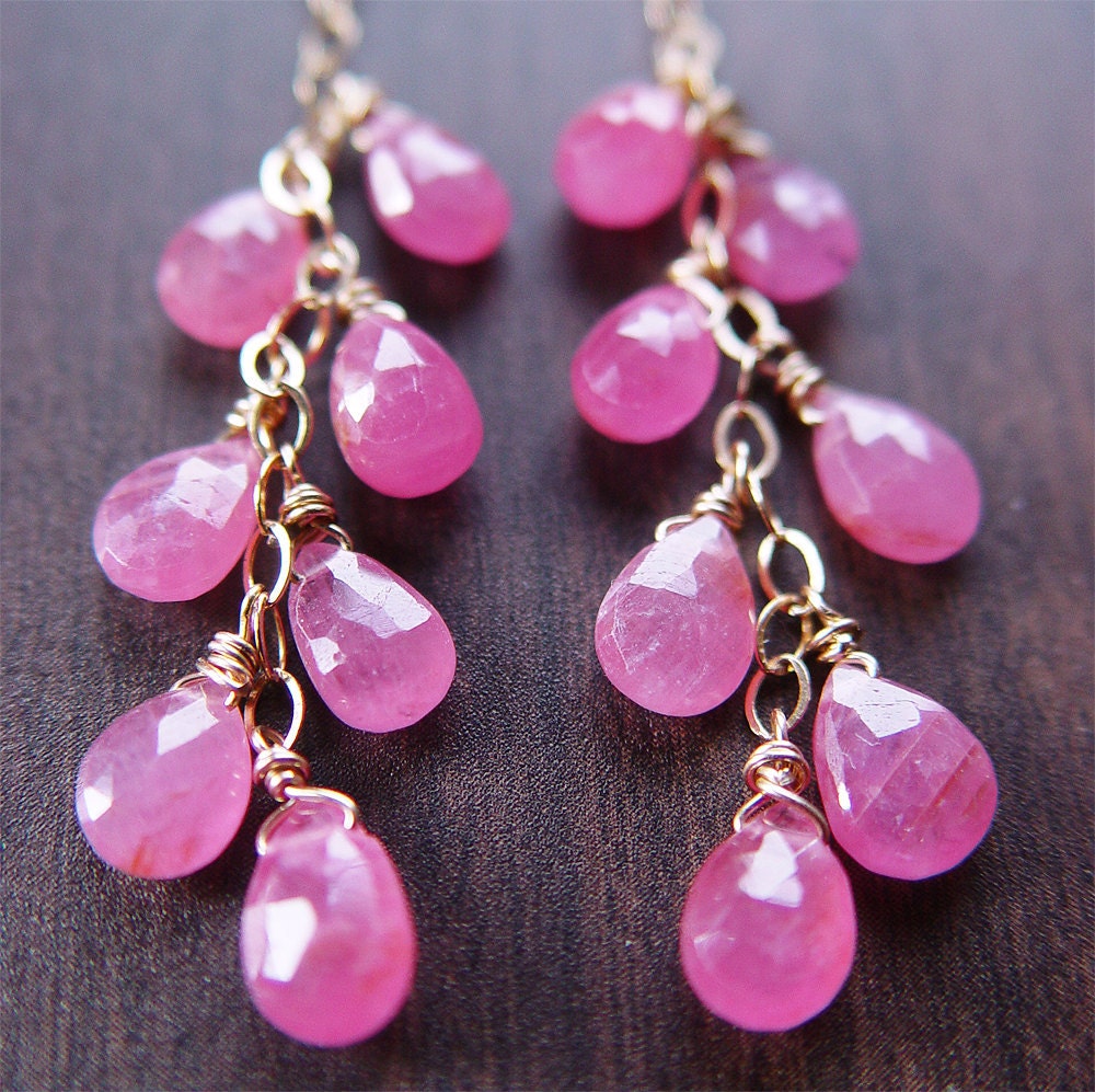 Pink Sapphire Cluster Earrings - 14k Gold Chain