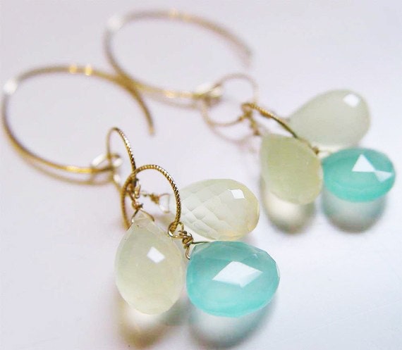 Moonstone Cluster Earrings Gold Aqua Chalcedony