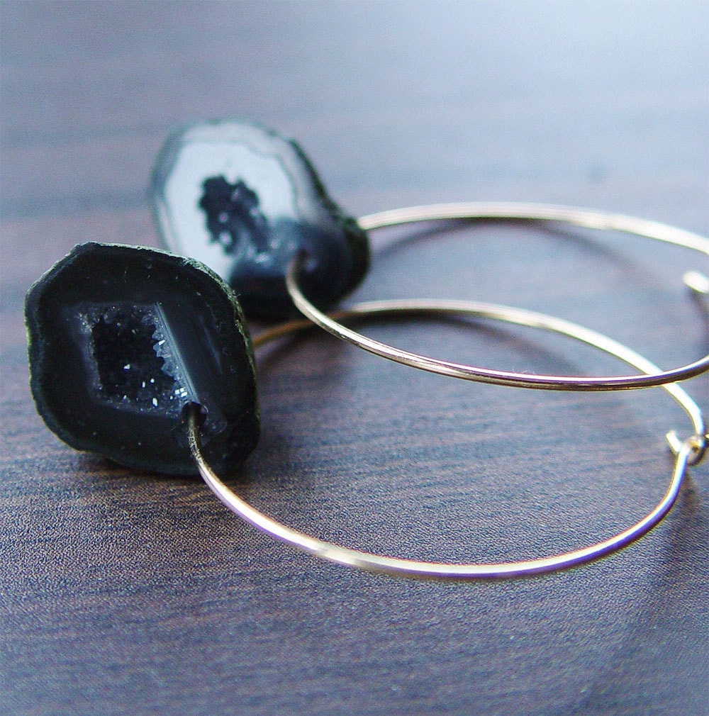 Black Agate Druzy Earrings in 14k gold OOAK