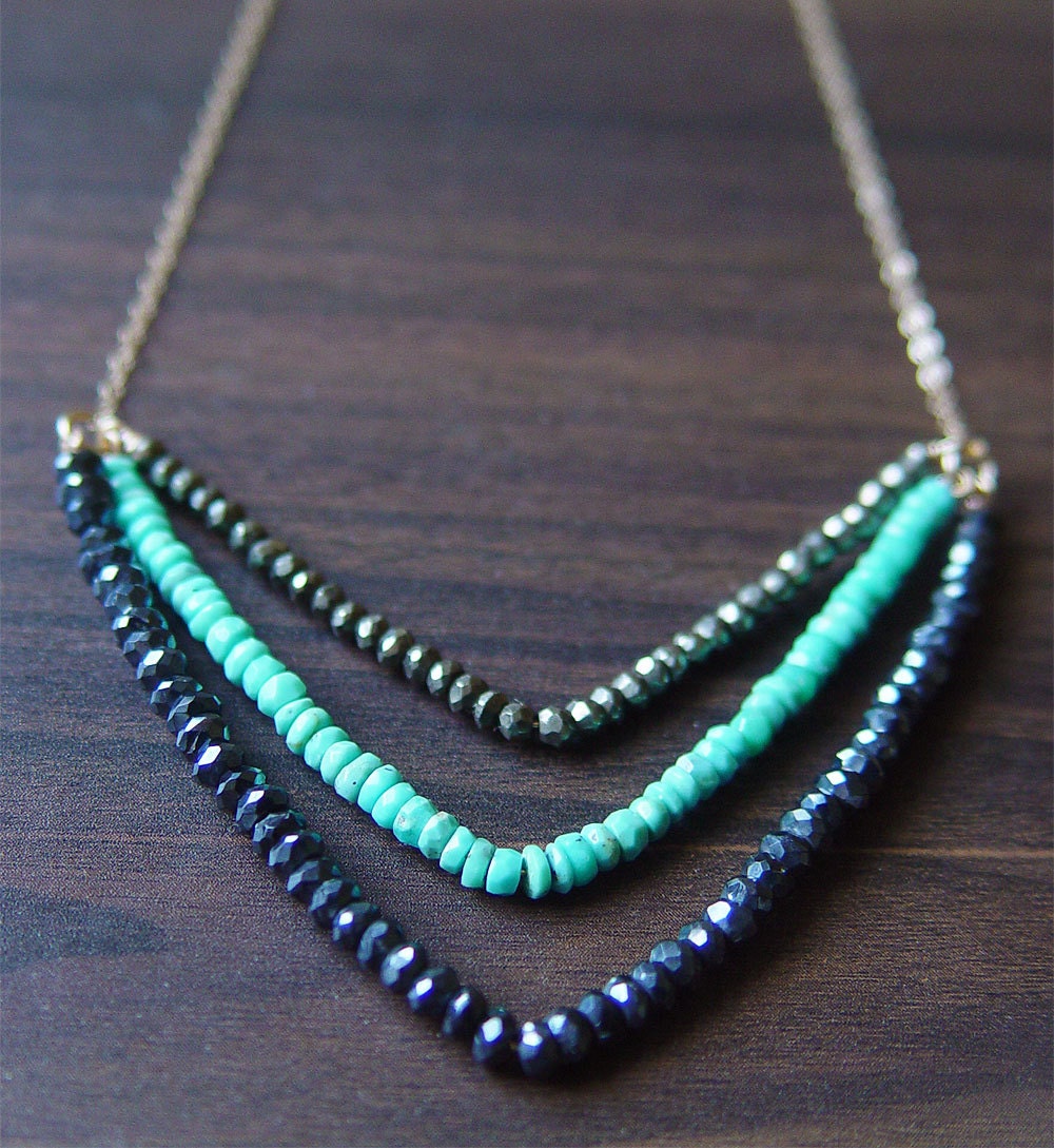 Chevron Pyrite Turquoise Necklace 14k Gold