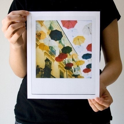Surreal dreamy picture of umbrellas raining from the sky polaroid giclée print of 8x10 inches signed by its author