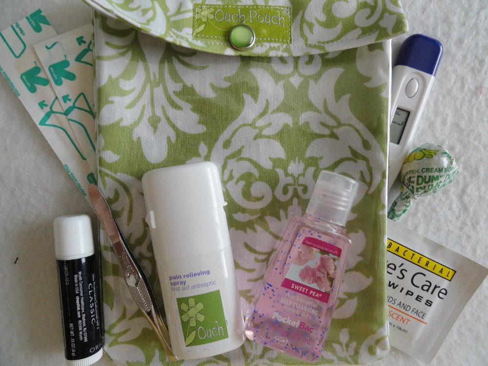 Medium Ouch Pouch (TM) First Aid Organizer for Diaper Bag Purse Kiss Boo Boo's Away ( 5x7 Miller Dandy Damask in Avocado Fabric )